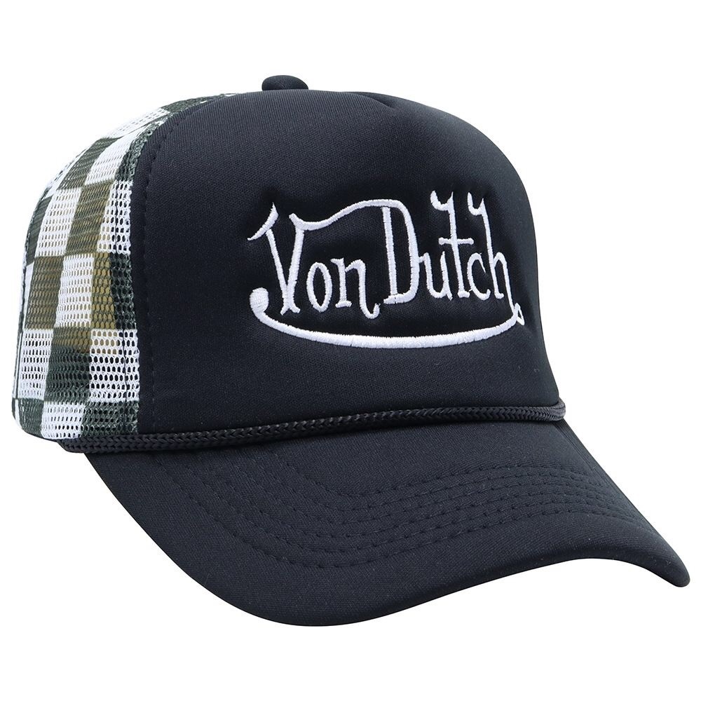 Von Dutch Black and White Trucker Hat with Green Plaid Mesh
